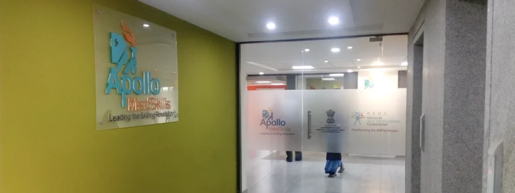 Entrance of Apollo MedSkills training center in collaboration with NSDC, focused on healthcare skill development and vocational education in India