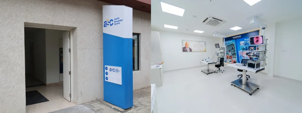Apollo Simulation Centre entrance and high-tech medical training lab equipped with advanced simulation equipment for hands-on healthcare education.