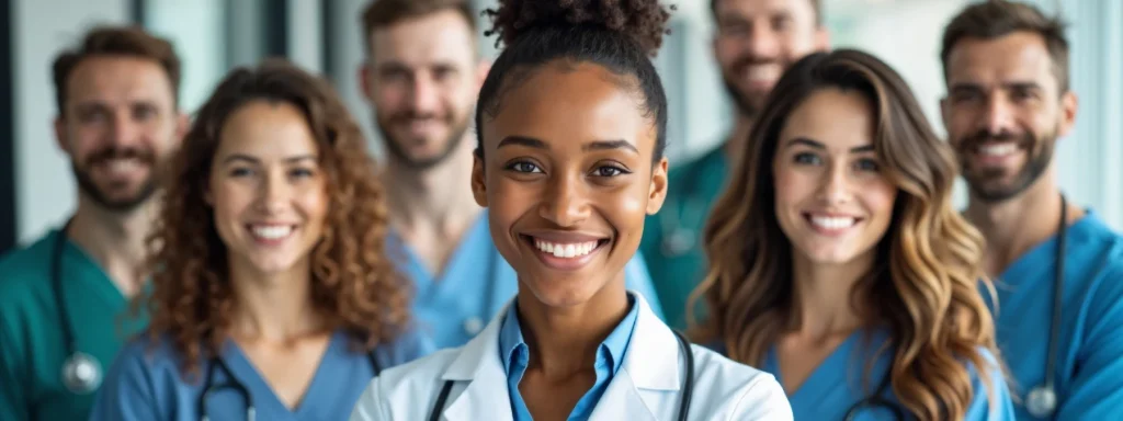 Group of diverse and confident healthcare students and professionals in medical uniforms, representing academic excellence at Apollo Knowledge Institute.