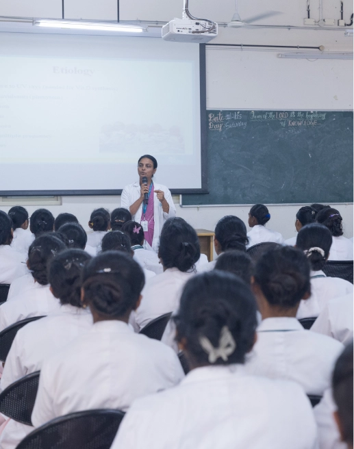 Aimsr student studying in the advanced class roomMedical lecturer delivering a classroom session to nursing students at Apollo Knowledge Institute, promoting advanced healthcare education in India.